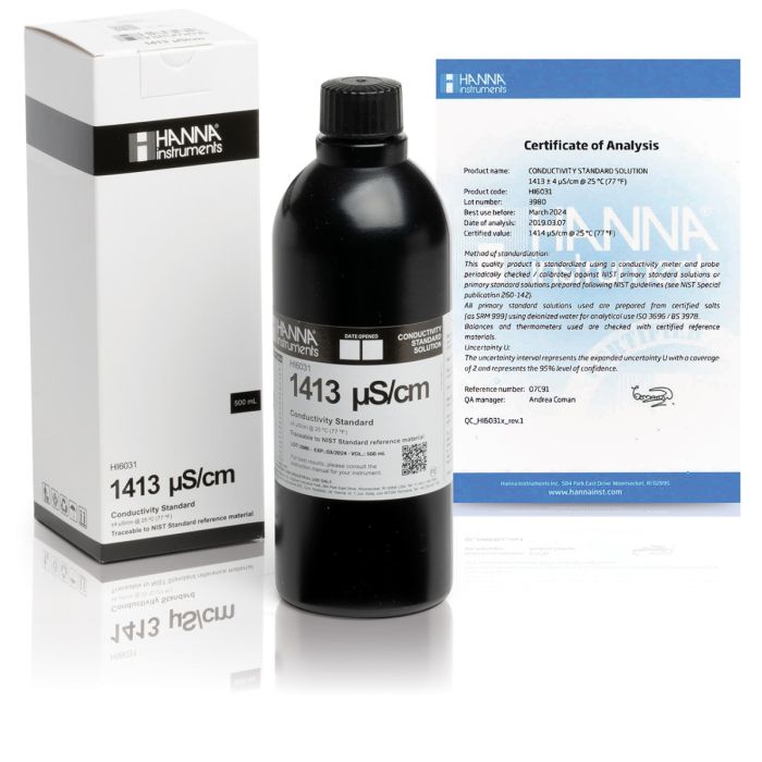 HI6031 1413 µS/cm Conductivity Standard in Light Block Bottle (500mL)